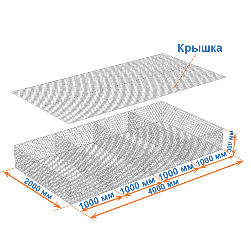Габион матрац ГСИ-М 4х2х0,3 оцинкованный, Ø проволоки 2,2 мм, размер ячейки 6х8 см фото